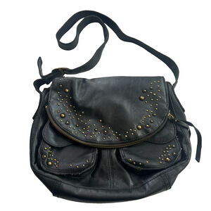 Lucky Brand Purse Stash Crossbody Italian Leather Studs Black Fold Over